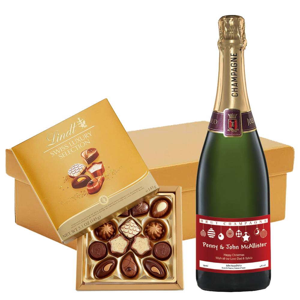 Personalised Champagne - Xmas 2 Label And Lindt Swiss Chocolates Hamper